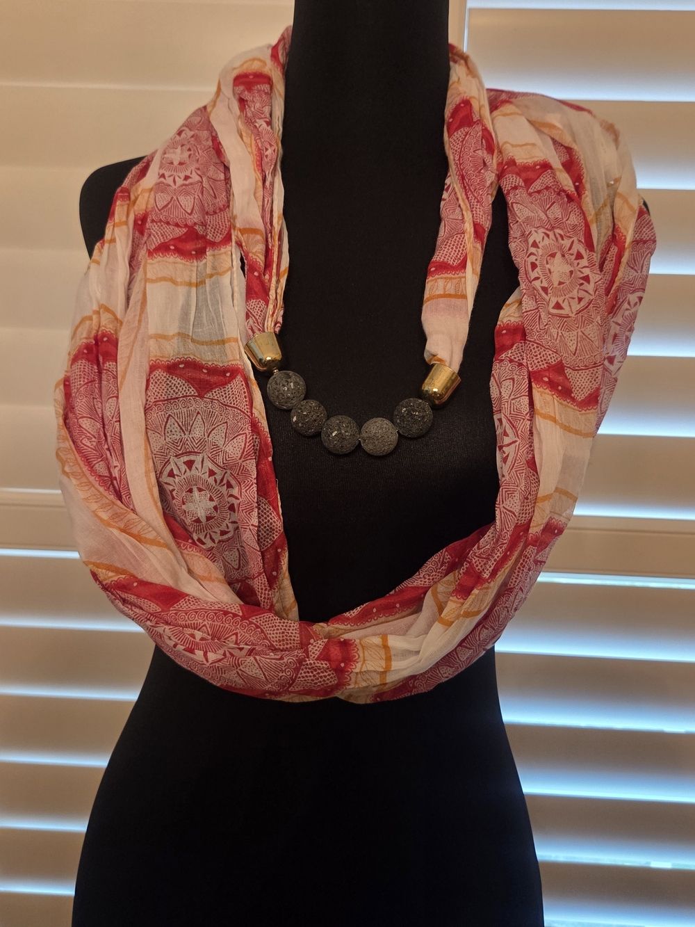 Doterra Red and Cream Infinity Scarf with Beaded Necklace Accent